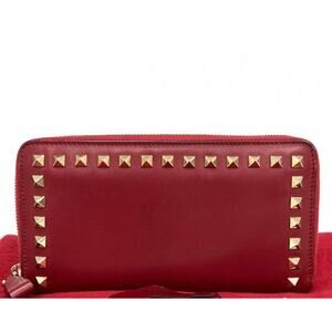 Valentino Red Calfskin Studs Zip Long Wallet